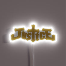 Load image into Gallery viewer, Justice logo neon sign in gold gothic style with cross-shaped "T".