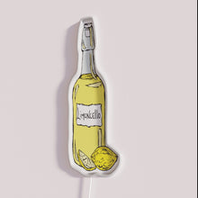 Load image into Gallery viewer, Brightly colored Italian inspired limoncello lemon glass bottle decorative neon sign