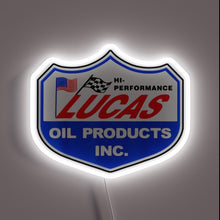 Load image into Gallery viewer, Customneon sign shaped like a racing shield, featuring the Lucas Oil Products logo