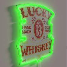 Load image into Gallery viewer, Vintage inspired lucky whiskey bar decor with nostalgic neon glow