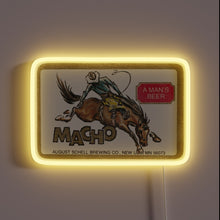 Load image into Gallery viewer, Retro Macho Beer Neon Sign Advertisements from bygone era glows.