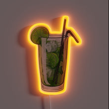 Load image into Gallery viewer, Neon sign of a mojito cocktail glass with lime slices, mint leaves, ice cubes, and two straws, glowing with an orange outline.