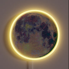 Load image into Gallery viewer, Circular neon sign featuring a colorful, high-contrast image of the moon with a glowing yellow ring surrounding it.