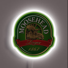Load image into Gallery viewer, **Alt Text:** Moosehead Lager neon sign with moose logo and white glow.
