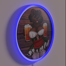 Load image into Gallery viewer, Oktoberfest-inspired vibrant amber ale bear logo with colorful neon lighting.