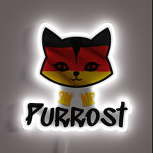Load image into Gallery viewer, Colorful Oktoberfest purr-rost pun neon sign in vibrant RGB lighting.