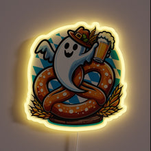 Load image into Gallery viewer, Vibrant RGB neon sign featuring a festive ghost pretzel character.