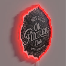 Load image into Gallery viewer, Neon 'Old Fuckers' club logo sign in bold RGB lighting.