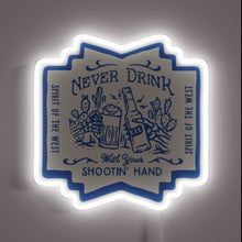Load image into Gallery viewer, Neon warning sign with vintage humor and colorful western design