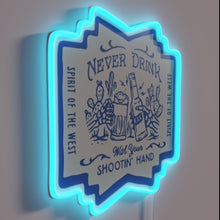 Load image into Gallery viewer, Vintage Western Prohibition Rule Neon Sign with Distressed Wood Design