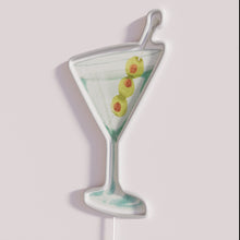 Load image into Gallery viewer, Vibrant neon cocktail bar decor featuring olive martini signs