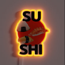 Load image into Gallery viewer, Neon-lit Japanese food stall sign featuring onigiri and salmon sushi.