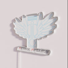Load image into Gallery viewer, Vibrant petrol-stained Pegasus logo illuminated with dark lettering in neon.