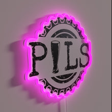 Load image into Gallery viewer, Neon lit Pils Pilsner word with beer bottle cap design.