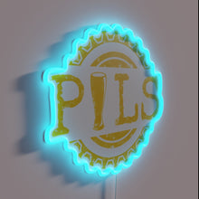 Load image into Gallery viewer, Brilliant yellow neon Pilsner beer sign with colorful bottle cap accents