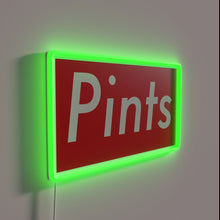 Load image into Gallery viewer, Neon bar decoration with vibrant Pints logo illuminated lighting