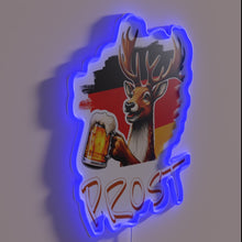 Load image into Gallery viewer, Whimsical deer-themed bar decoration with colorful RGB neon lighting effect.