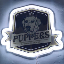 Load image into Gallery viewer, Puppers Officially Wayne's Favourite Beer RGB neon sign glowing with vibrant, colorful lights, a must-have for fans of Wayne and beer lovers alike