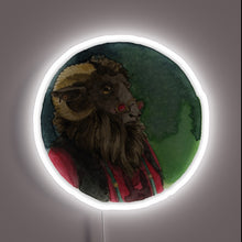 Load image into Gallery viewer, Vibrant neon sign featuring a ram in denim attire.