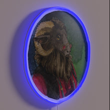 Load image into Gallery viewer, Quirky farm animal in bold, colorful denim-inspired neon lighting art.