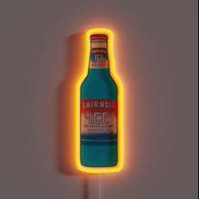 Load image into Gallery viewer, Neon sign shaped like a Smirnoff Ice Red, White & Berry bottle with orange glow.