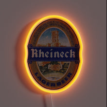 Load image into Gallery viewer, Neon beer coaster with colorful RGB lighting and Rheineck Lager branding.