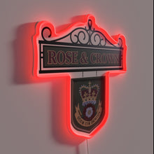 Load image into Gallery viewer, Retro-style RGB neon pub sign featuring rose and crown emblem.