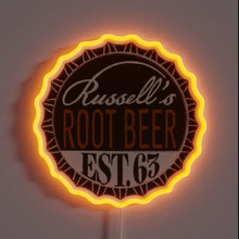 Load image into Gallery viewer, RGB Neon Sign of Classic Russell's Root Beer Bottle Cap Emblem