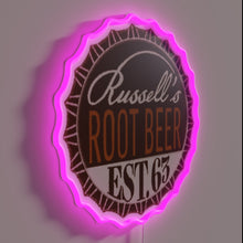 Load image into Gallery viewer, Glowing RGB neon sign featuring vintage Russell's Root Beer bottle cap