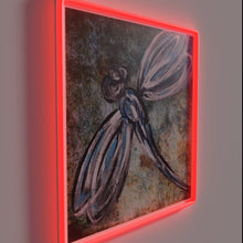 Load image into Gallery viewer, Whimsical rustic dragonfly art in vibrant RGB neon lighting glow