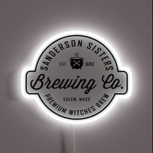 Load image into Gallery viewer, Sanderson Sisters Brewing Co. neon sign – spooky black and white witch-themed wall decor inspired by Hocus Pocus for Halloween bars or Salem-style kitchens
