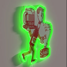 Load image into Gallery viewer, Vintage Schmidt Beer logo illuminated by colorful retro style neon lighting