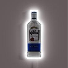 Load image into Gallery viewer, Neon sign shaped like a Jose Cuervo Especial Silver Tequila bottle with white and blue accents and a cool white glow.