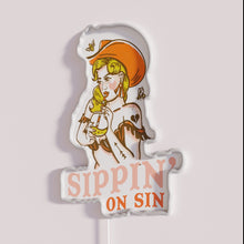 Load image into Gallery viewer, Vintage western cowgirl pinup style drinking cocktail neon bar decoration.
