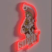 Load image into Gallery viewer, Vintage Western Cowgirl Enjoying a Cocktail Under Neon RGB Lights
