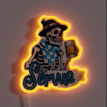 Load image into Gallery viewer, Vibrant Neon Sign Depicting A Skeleton in Traditional Bavarian Gear.