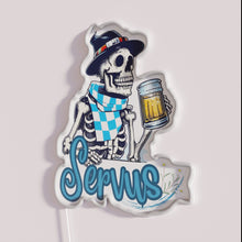Load image into Gallery viewer, Neon Bavarian Beer Sign with Skeleton Design in RGB Color
