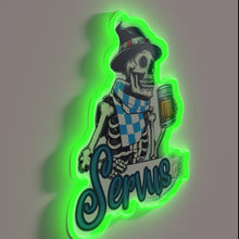 Load image into Gallery viewer, Neon beer festival sign featuring a skeleton in Bavarian dress.