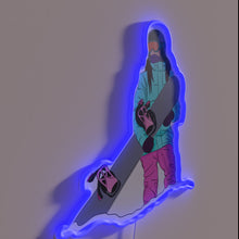 Load image into Gallery viewer, Fun-loving snowboarding female silhouette set against vibrant mountain night sky.