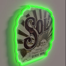 Load image into Gallery viewer, RGB lit Sol Cerveza beer bar sign with vibrant colors glowing
