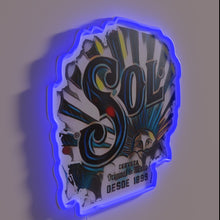 Load image into Gallery viewer, Vibrant neon beer sign featuring colorful Sol Cerveza branding".