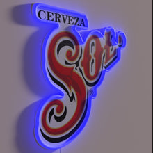 Load image into Gallery viewer, Handcrafted Sol Mexican beer logo in colorful RGB neon lighting.
