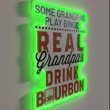 Load image into Gallery viewer, Boldly colorful neon sign celebrating grandfather's love of bourbon and bingo
