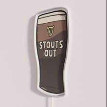 Load image into Gallery viewer, Bright Neon Sign featuring 'Stouts Out' in bold Northern Irish slang