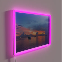 Load image into Gallery viewer, Vibrant sunset at sea with colorful cruise ships in motion.