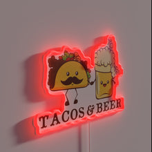 Load image into Gallery viewer, Neon sign features colorful tacos and beer design in RGB.