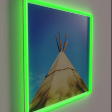 Load image into Gallery viewer, Colorful tribal teepee silhouette with vibrant RGB neon lights glow.