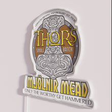 Load image into Gallery viewer, Viking themed Mjolnir Norse god's hammer illuminated RGB neon bar decor.