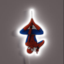 Load image into Gallery viewer, Upside-down Spider-Man neon sign hanging by a web.