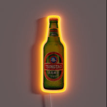 Load image into Gallery viewer, **Alt text:** Neon-lit Tsingtao beer bottle with a glowing orange outline, showing the red and green label with Chinese and English text.
